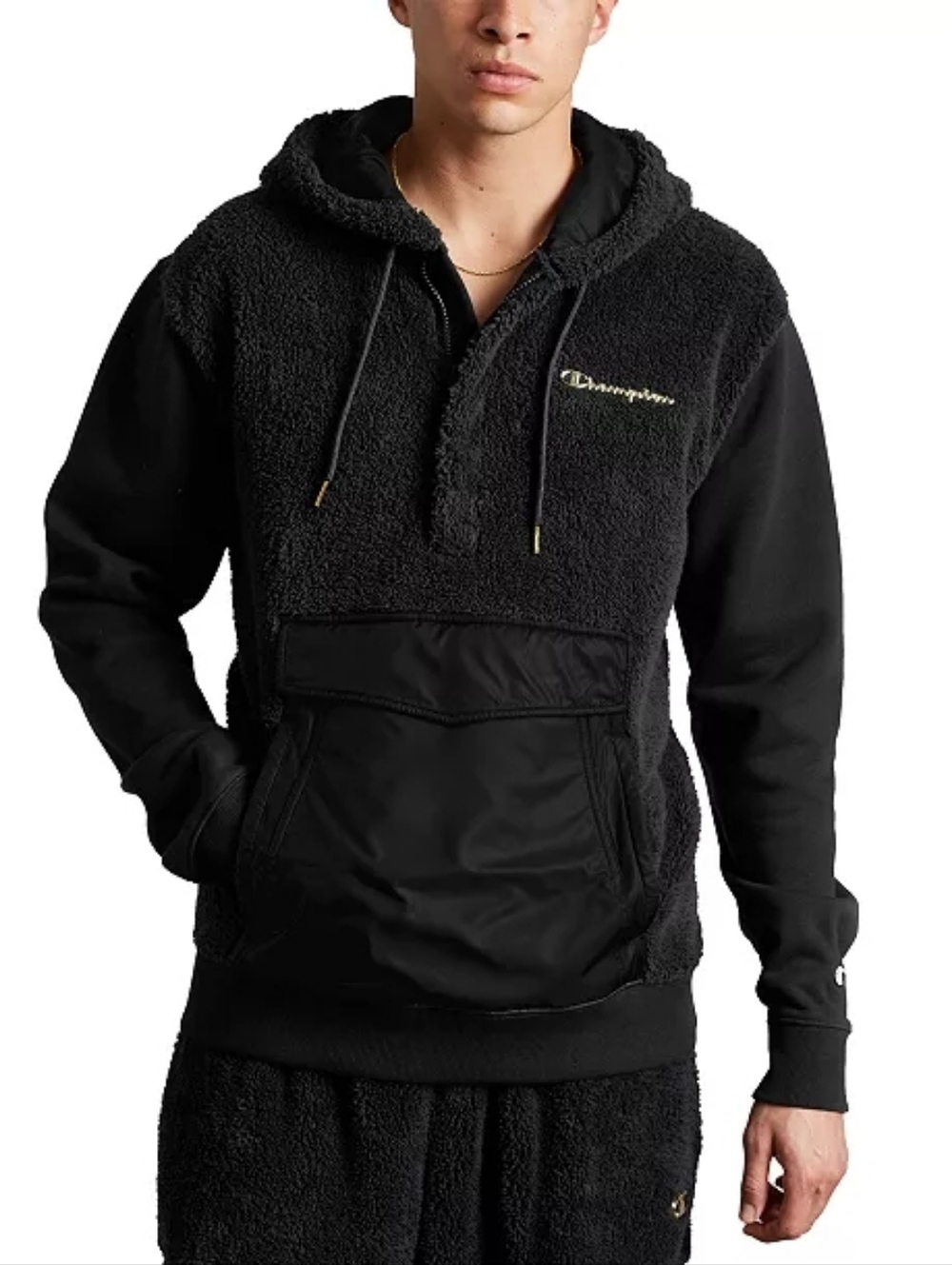 XL • Champion • Black Sherpa Hoodie with Nylon Pouch and Gold Metal Logo